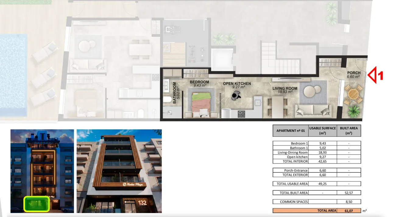 Type A · Ground floor · 1 bedroom floor plan, Rodas Playa — sheet PB·01