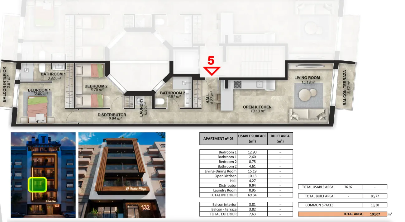 Type C · Floors 1–4 · 2 bedrooms floor plan, Rodas Playa — sheet P2·05