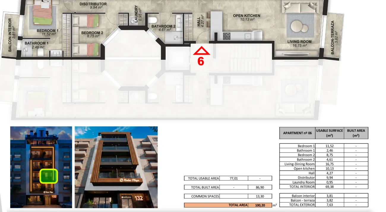 Type D · Floors 1–4 · 2 bedrooms floor plan, Rodas Playa — sheet P2·06