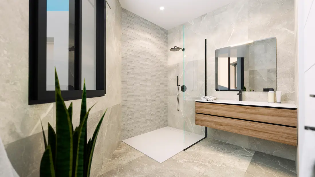 Bathroom at Rodas Playa with a walk-in shower, glass screen and a floating vanity unit