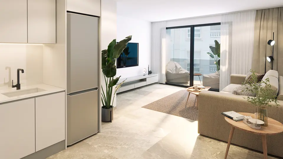 Living room of a two-bedroom apartment at Rodas Playa, looking towards the balcony-terrace and the street