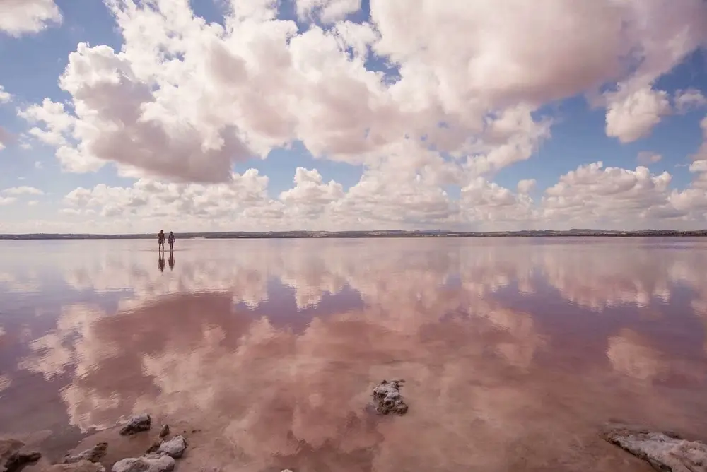 The pink salt lagoon of Torrevieja, part of the natural park behind the city